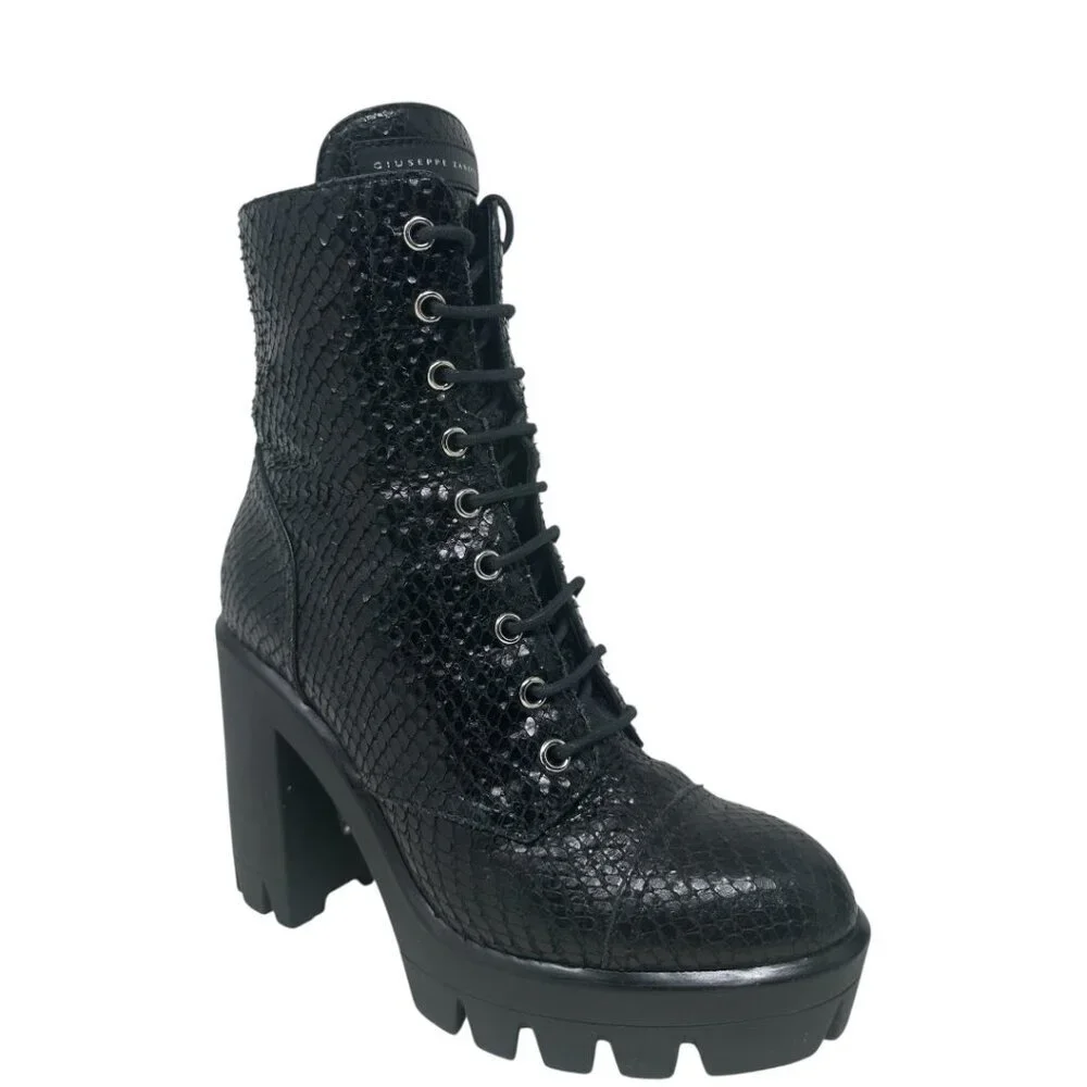Giuseppe Zanotti Gintonic Black Snake Embossed Leather Combat Platform Boots 7.5 - Picture 1 of 12